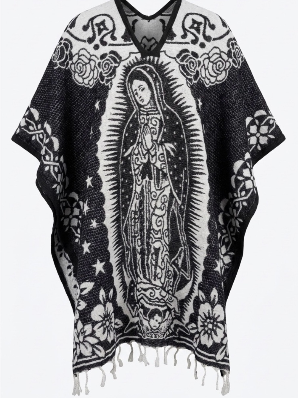 Black and Off White Virgin Mary Knit Poncho